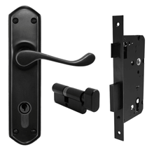 Superior Brass Lever Lock Entrance Set - 85mm CC, Black 200x48mm Plate (Includes Mortice Lock & Euro Cylinder)