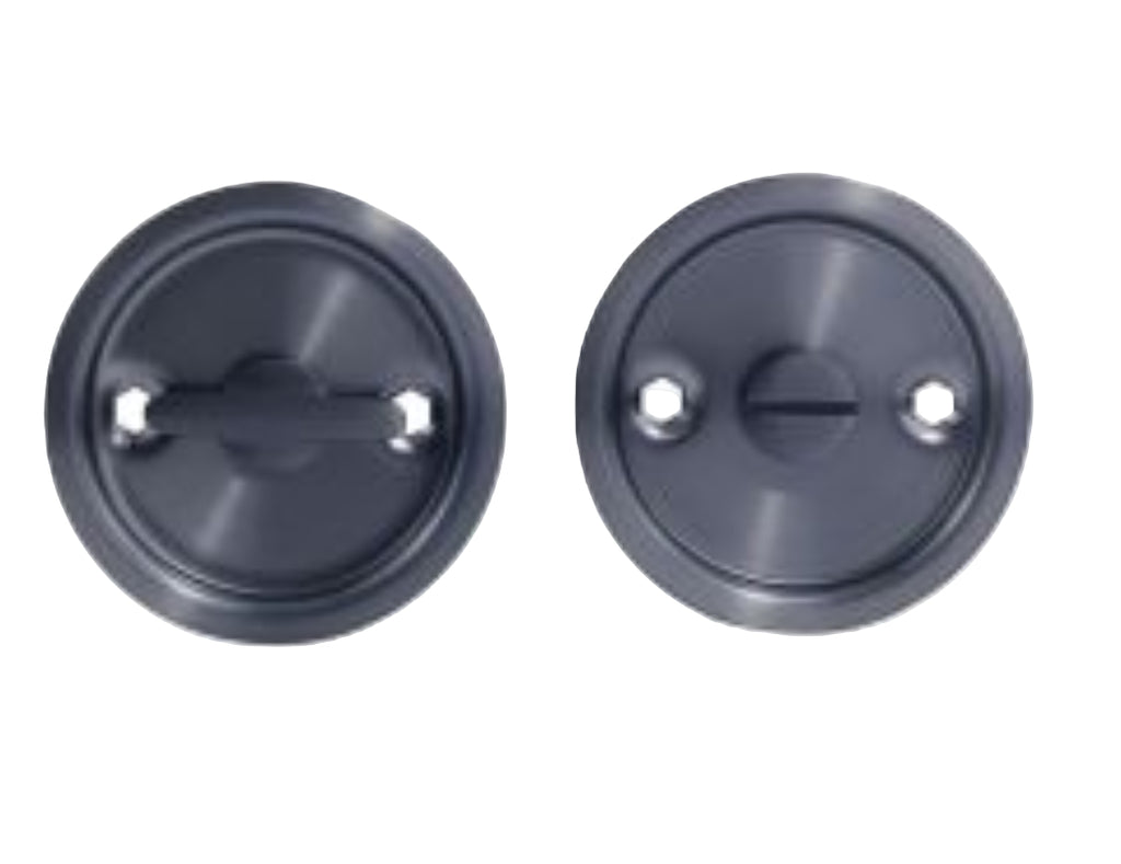 Two metallic circular objects with central axes on a white background