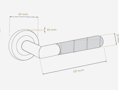 Measurement diagram of a door handle with dimensions labeled.