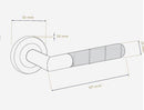 Measurement diagram of a door handle with dimensions labeled.