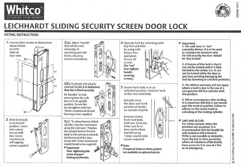 WHITCO W869017 NZ LEICHHARDT STANDARD SLIDING SECURITY DOOR LOCK TP Black