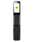 A Yale smart lock key fob in matte black, featuring a vertical design with a digital display screen at the top showing the yellow Yale logo, a central rotary dial, and a lower touch panel, set against a plain white background.