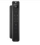 A sleek black smart door lock with an integrated camera, fingerprint sensor, and numeric keypad, shown from the front with a side profile view behind it on a plain white background.