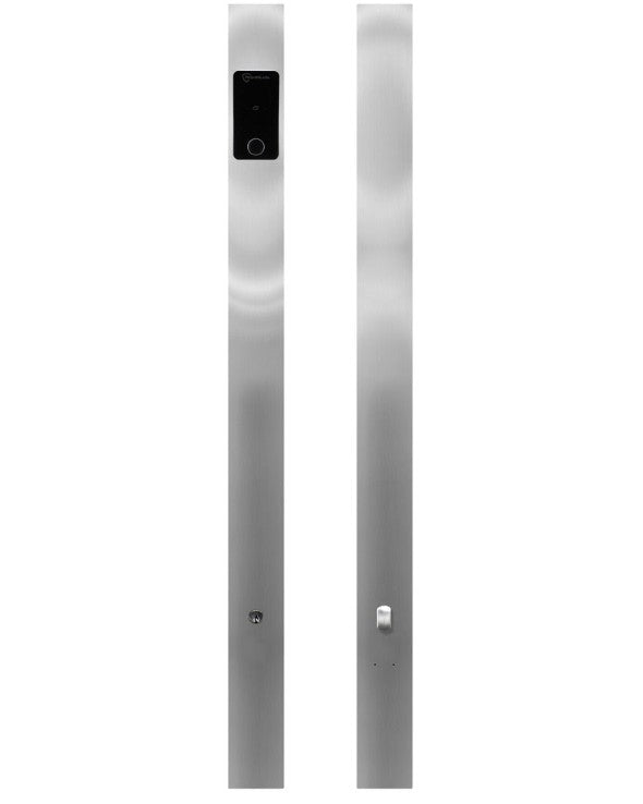 Stainless steel door with electronic lock on a white background