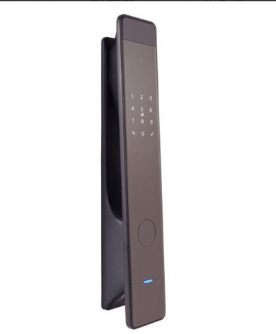 Smart door lock with digital keypad on a white background