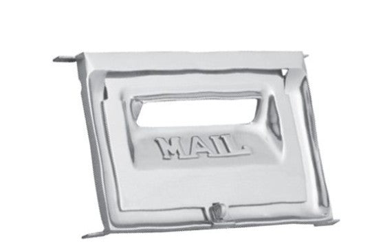 Metallic mailbox cover with 'MAIL' engraving on a white background