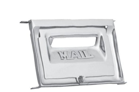 Metallic mailbox cover with 'MAIL' engraving on a white background