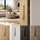 A set of modern vertical door handles shown installed on light wood doors and as color options below. The top panel shows a brass handle on a light oak door in a bright living room.