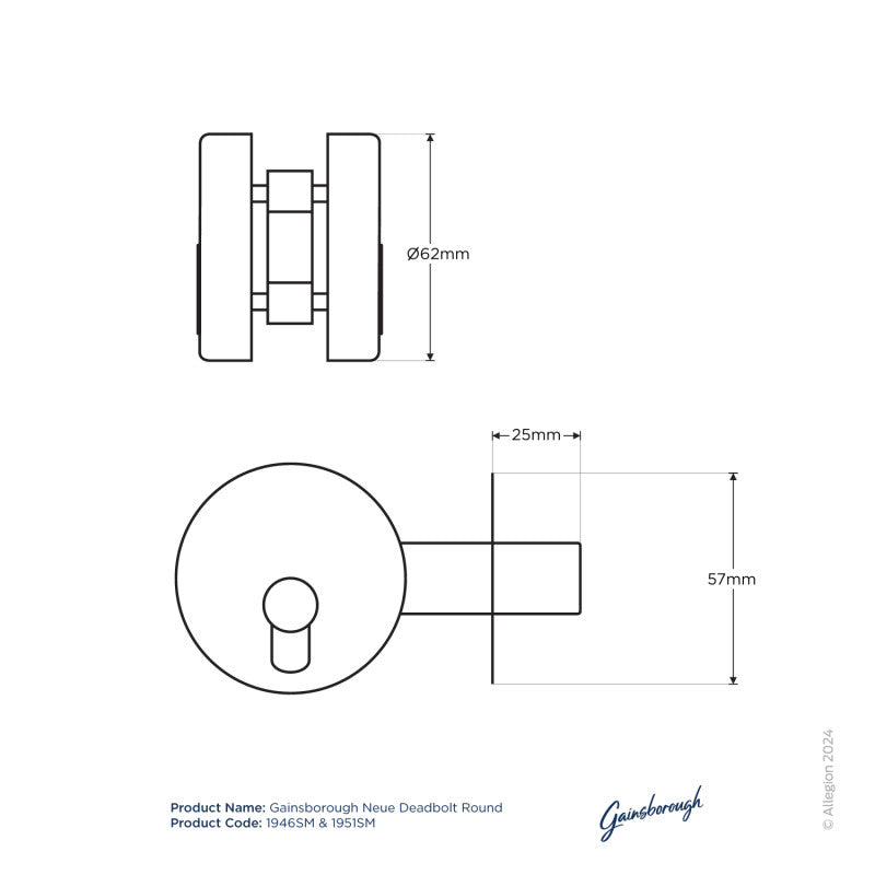 Gainsborough Neue Smooth Round Keyed Single Cylinder Deadbolt Satin Brass