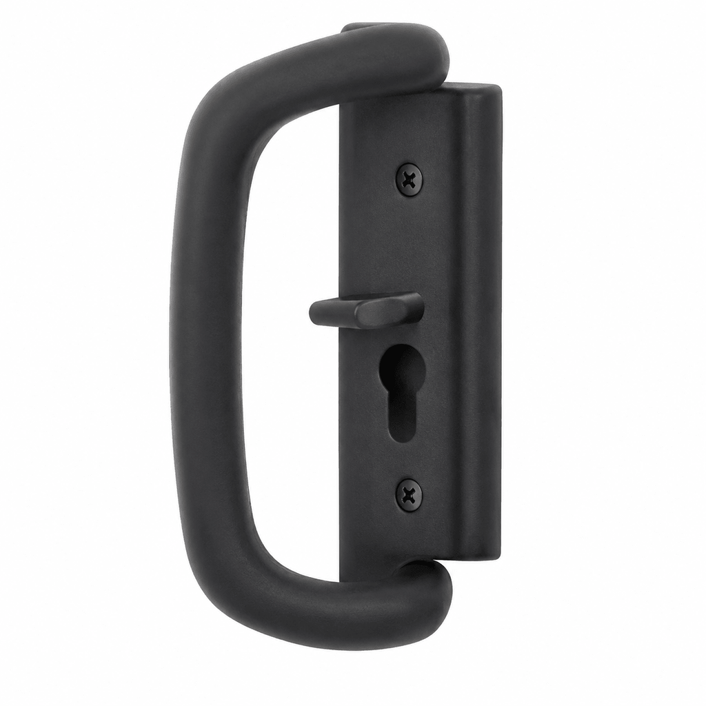 Black door handle with lock mechanism on a white background