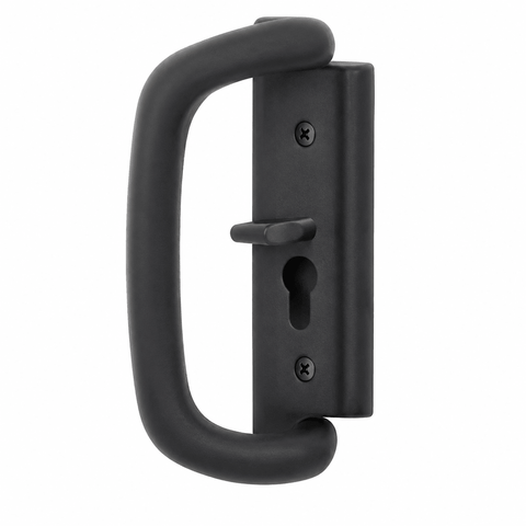 Black door handle with lock mechanism on a white background