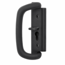 Black door handle with lock mechanism on a white background