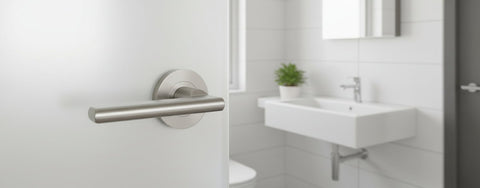 Stainless steel door handle on a white background