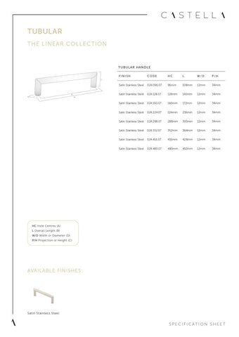 CASTELLA LINEAR TUBULAR KITCHEN CABINET HANDLE SATIN STAINLESS STEEL - AVAILABLE IN VARIOUS SIZES
