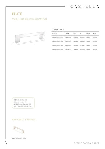 CASTELLA LINEAR FLUTE KITCHEN CABINET HANDLE SATIN STAINLESS STEEL - AVAILABLE IN VARIOUS SIZES