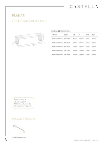 CASTELLA LINEAR PLANAR CABINET HANDLE DULL BRUSHED NICKEL 22MM