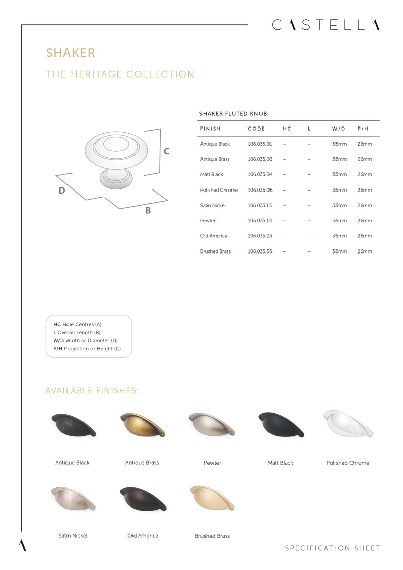 CASTELLA HERITAGE SHAKER KITCHEN CABINET 35MM FLUTED KNOB