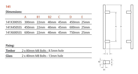 LOCKWOOD ENTRANCE PULL HANDLE 141X450SSS 450MM SATIN STAINLESS STEEL PAIR - primehardware