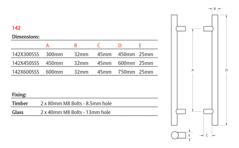 LOCKWOOD ENTRANCE PULL HANDLE 142X600SSS 600MM SATIN STAINLESS STEEL PAIR