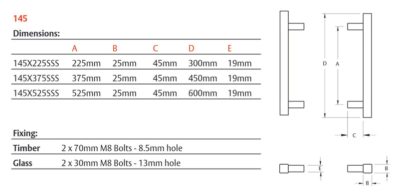 LOCKWOOD ENTRANCE PULL HANDLE 145X525SSS 525MM SATIN STAINLESS STEEL PAIR