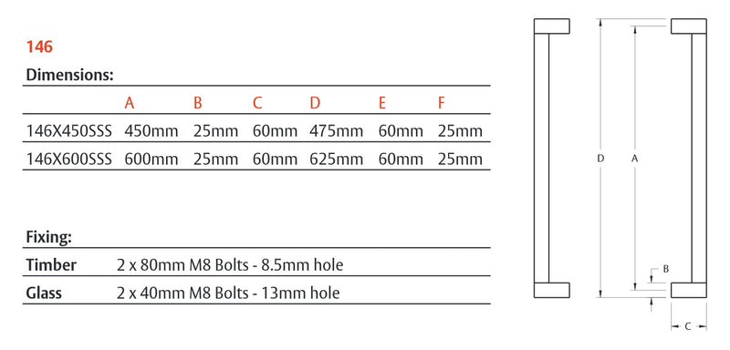LOCKWOOD ENTRANCE PULL HANDLE 146X600SSS 600MM SATIN STAINLESS STEEL PAIR