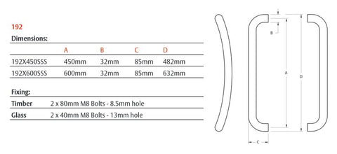 LOCKWOOD ENTRANCE PULL HANDLE 192X600SSS 600MM SATIN STAINLESS STEEL PAIR - primehardware