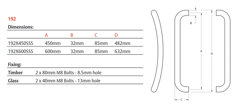 LOCKWOOD ENTRANCE PULL HANDLE 192X600SSS 600MM SATIN STAINLESS STEEL PAIR
