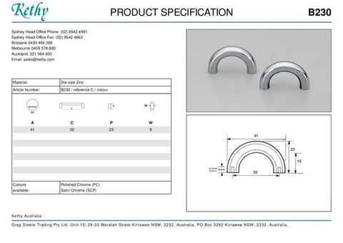 KETHY B230 CABINET C PULL HANDLE 32MM DIE-CAST ZINC