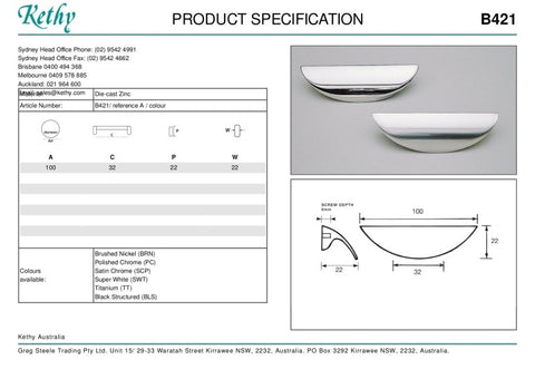 KETHY B421 SHELL CABINET HANDLE 100MM