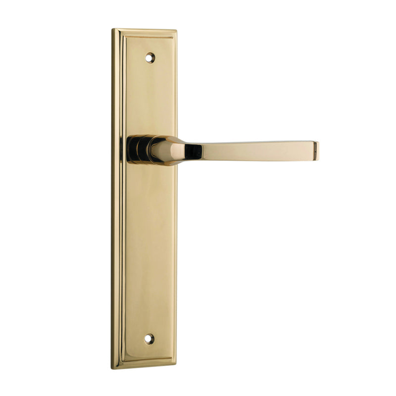IVER ANNECY DOOR LEVER HANDLE ON STEPPED BACKPLATE POLISHED BRASS - CUSTOMISE TO YOUR NEEDS
