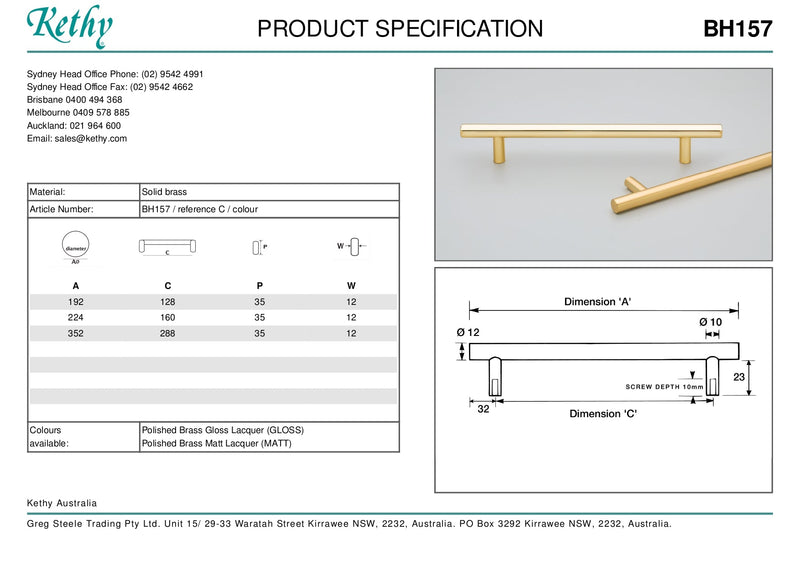 KETHY BH157 CORNET BRASS CABINET HANDLE 288MM