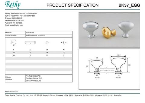 KETHY BK37 CABINET BRASS KNOB EGG 33MM