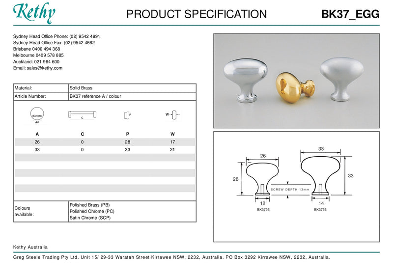 KETHY BK37 CABINET BRASS KNOB EGG 33MM