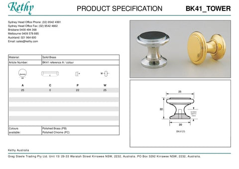 KETHY BK41 CABINET TOWER KNOB 25MM