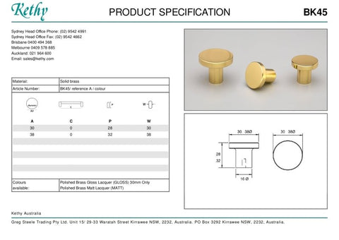 KETHY BK45 CABINET BARGO BRASS KNOB 30MM