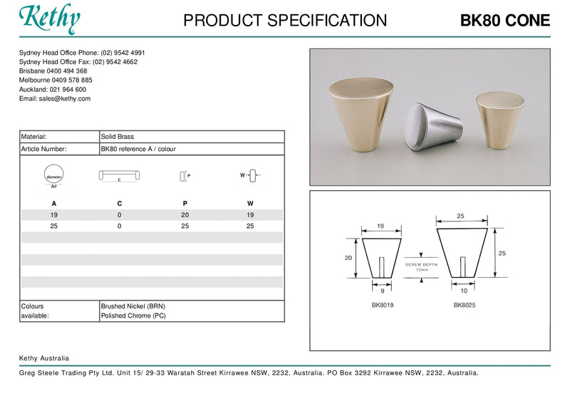 KETHY BK80 CABINET CONE KNOB 19MM