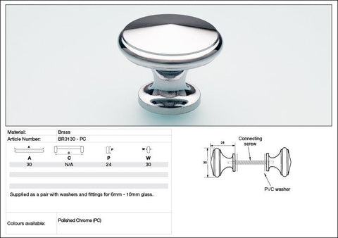 KETHY BR31 GLASS DOOR DIMPLE BACK-TO-BACK PAIR BRASS KNOB 30MM