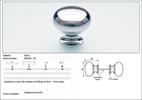 KETHY BR32 GLASS DOOR BACK-TO-BACK PAIR BRASS MUSHROOM KNOB 30MM