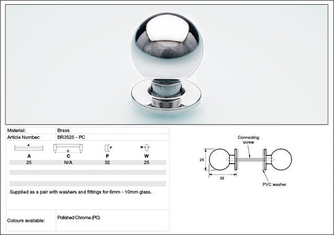 KETHY BR35 GLASS DOOR BACK-TO-BACK PAIR BRASS BULB KNOB 25MM
