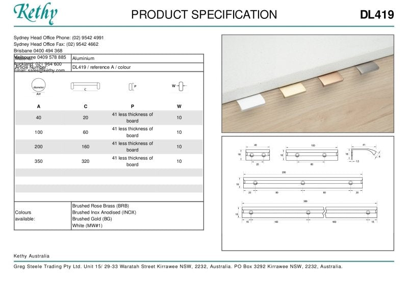 KETHY DL419 CABINET FORNEL CURVED EDGE PULL 40MM
