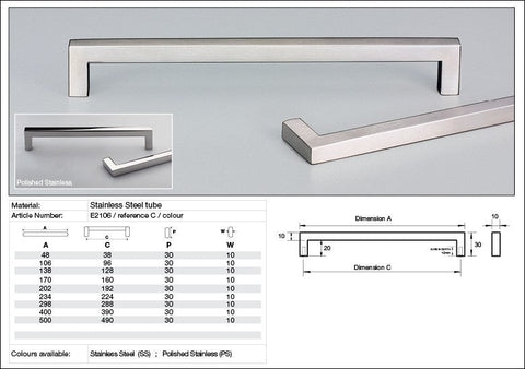 KETHY E2106 CABINET SIENA 10MM SQUARE FLUSH ENDS POLISHED STAINLESS STEEL HANDLE