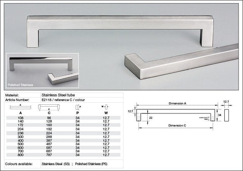 KETHY E2118 CABINET ASTTI 12.7MM SQUARE FLUSH ENDS STAINLESS STEEL HANDLE
