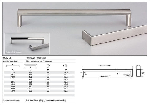 KETHY E2123 CABINET LATINA 16.5MM FLAT TOP POLISHED STAINLESS STEEL HANDLE