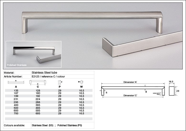 KETHY E2123 CABINET LATINA 16.5MM FLAT TOP POLISHED STAINLESS STEEL HANDLE