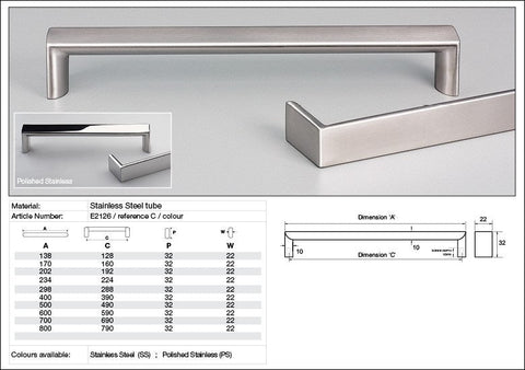KETHY E2126 CABINET ROMA 22MM FLAT TOP STAINLESS STEEL HANDLE