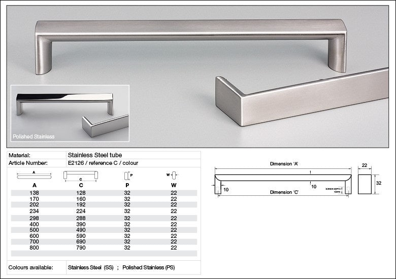KETHY E2126 CABINET ROMA 22MM FLAT TOP STAINLESS STEEL HANDLE