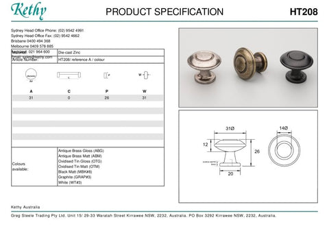 KETHY HT208 CABINET LISTER ROUND KNOB 31MM