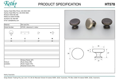 KETHY HT578 CABINET SHERLOCK KNOB 34MM