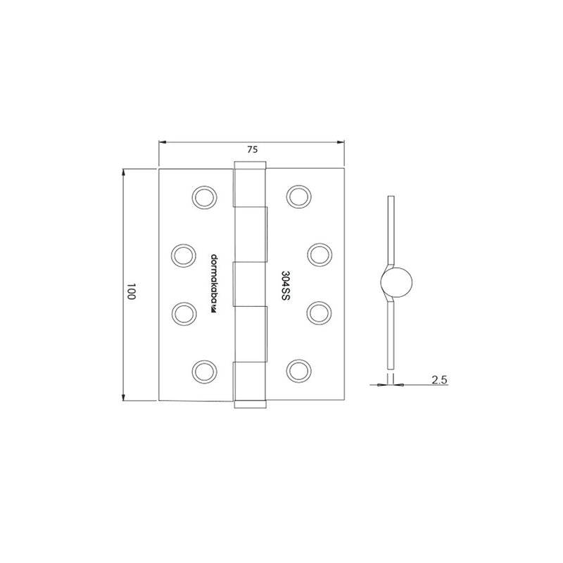 DORMA KABA DOOR HINGE STAINLESS STEEL FIXED PIN 100X75X2.5MM DKH100/75FPSSS