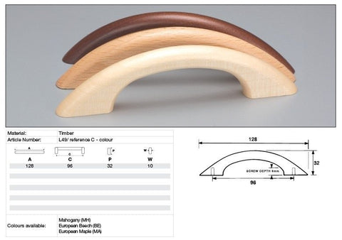 KETHY L49 CABINET TIMBER BOW HANDLE 96MM